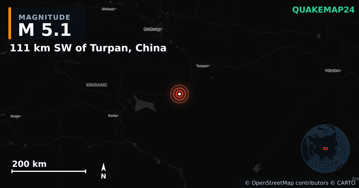 Terremoto de M5,1 cerca de 111 km SW of Turpan, China · 2026-05-03 — Mapa de la ubicación del epicentro
