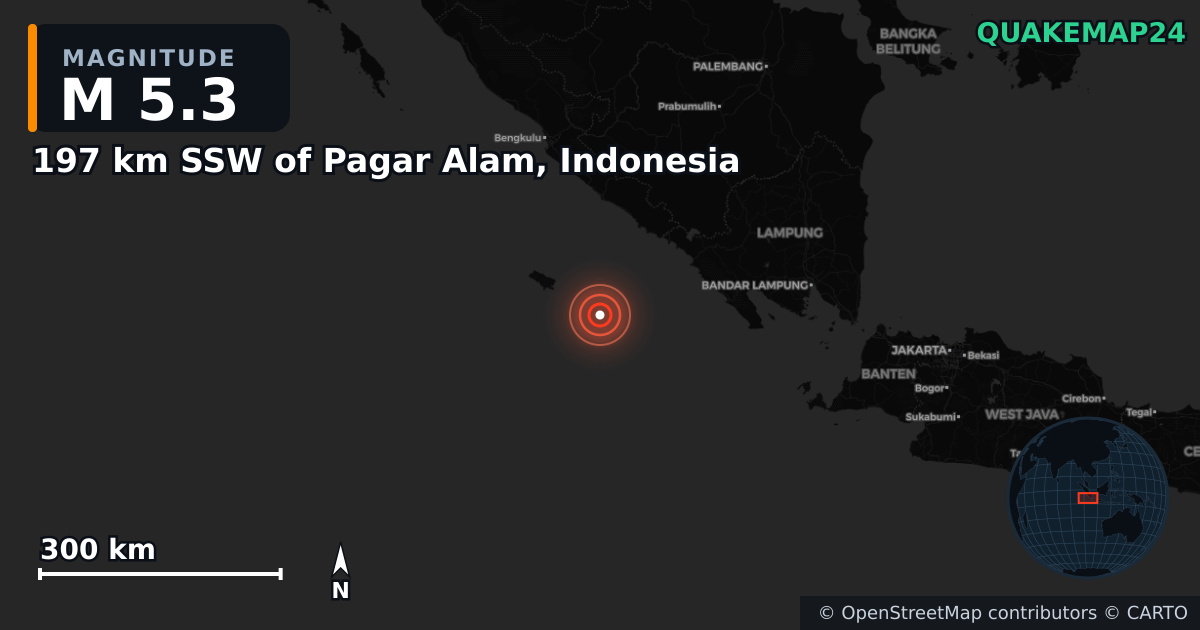 Erdbeben M5,3 bei 197 km SSW of Pagar Alam, Indonesia — Karte der Lage des Epizentrums