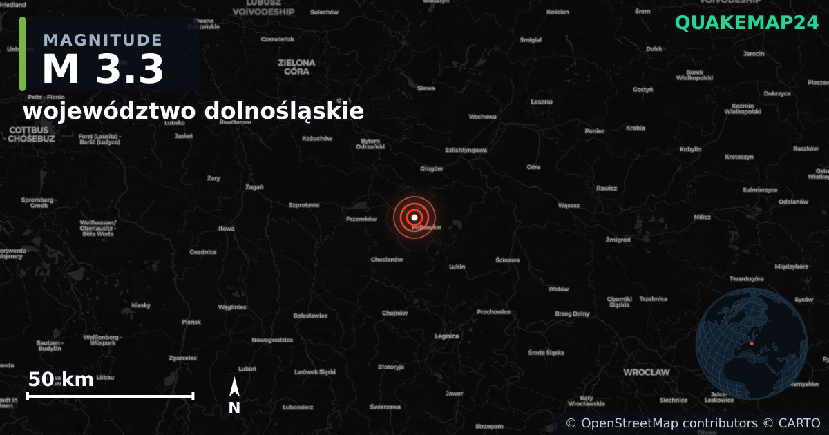 M3.3 earthquake near województwo dolnośląskie on Dec 8, 2025 — map of epicenter and shaking intensity | QuakeMap24