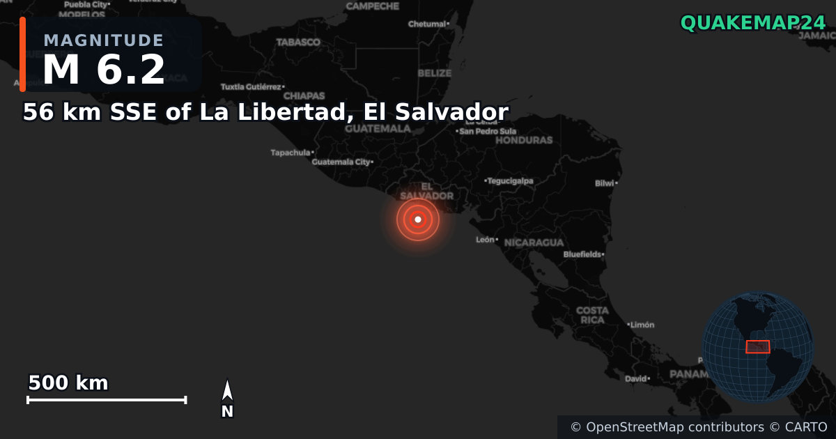 M6.2 earthquake near 56 km SSE of La Libertad, El Salvador on Jan 5, 2025 — map of epicenter and shaking intensity | QuakeMap24