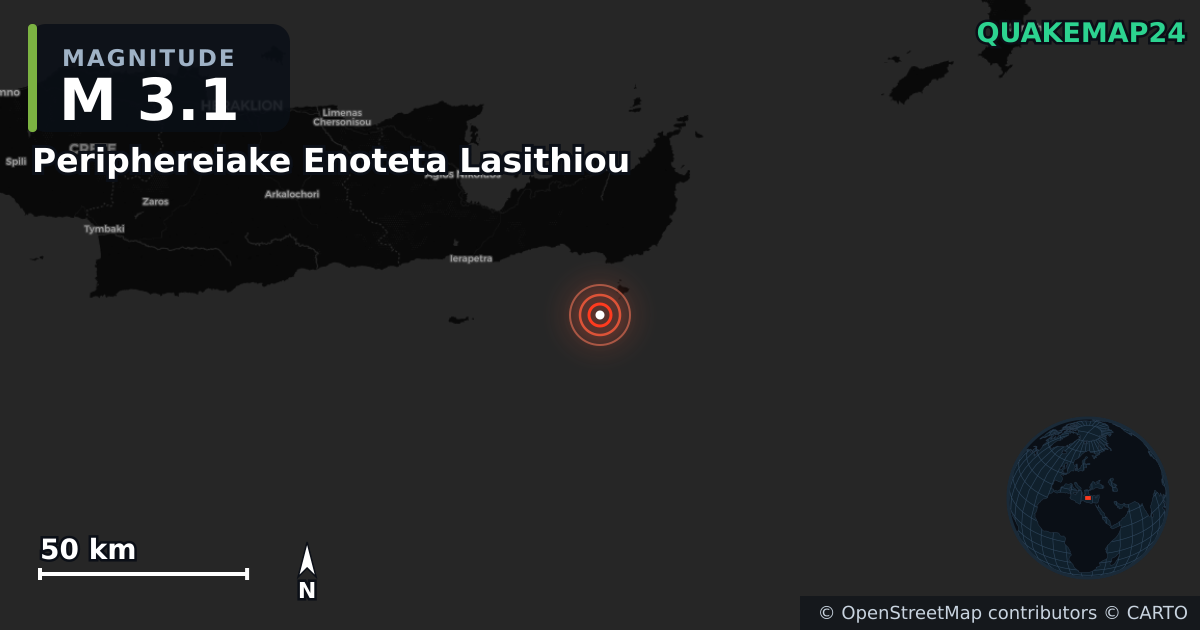 Sismo de M3,1 perto de Periphereiake Enoteta Lasithiou, Periphereia Kretes (Grécia) · 2026-05-06 — Mapa da localização do epicentro