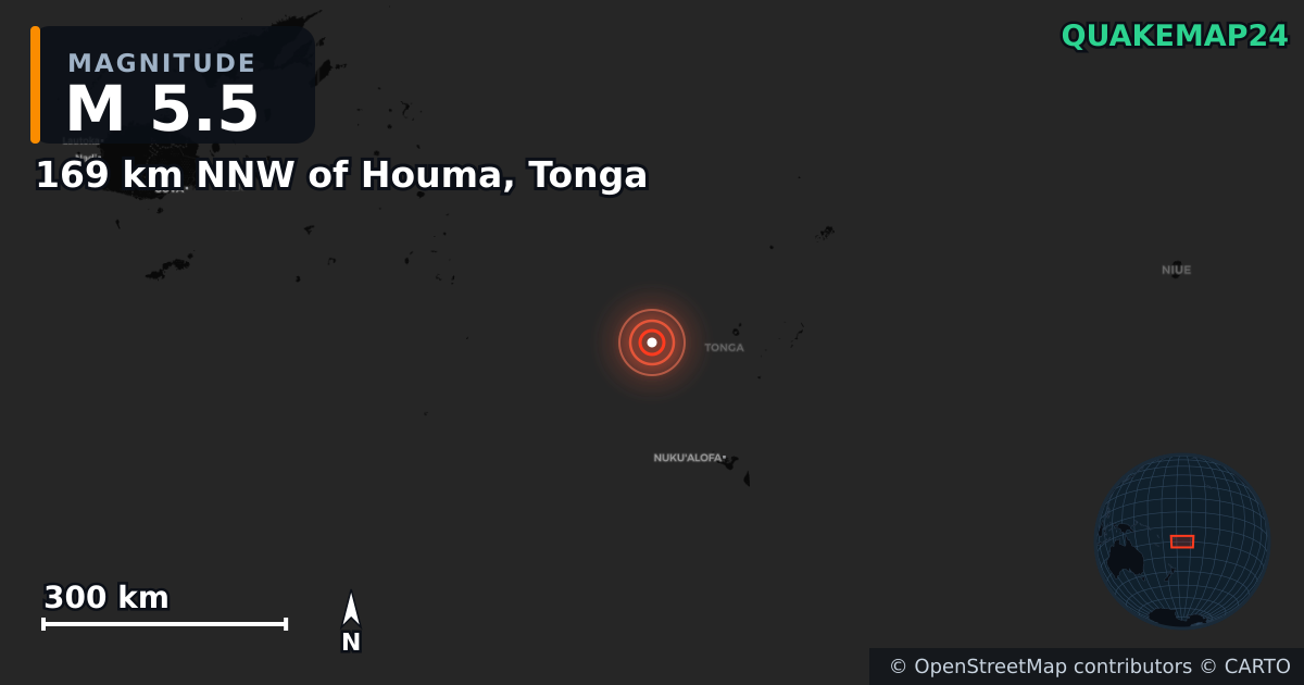 M5.5 earthquake near 169 km NNW of Houma, Tonga on Jun 28, 2025 — map of epicenter and shaking intensity | QuakeMap24