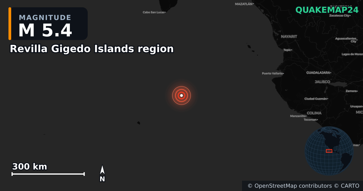Revilla Gigedo Islands region yakınında M5,4 deprem · 2025-05-28 — Deprem merkez üssünün konumunu gösteren harita