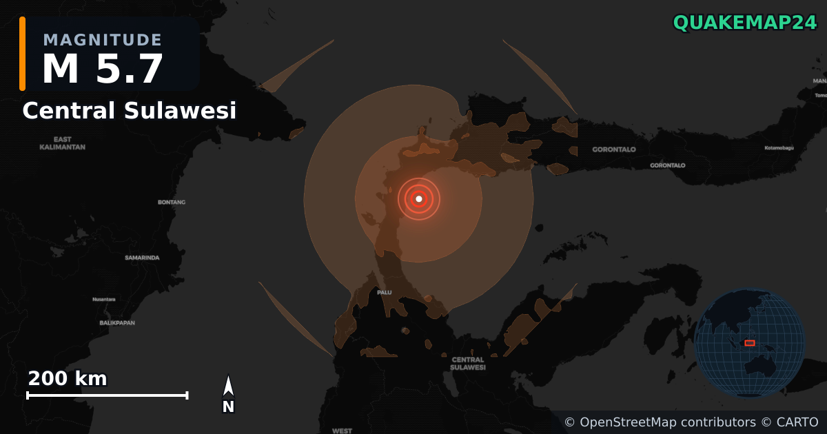 M5.7 earthquake near Central Sulawesi on Aug 15, 2026 — map of epicenter and shaking intensity | QuakeMap24