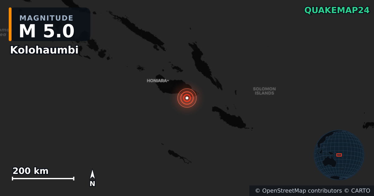 M5.0 earthquake near Kolohaumbi on Oct 23, 2025 — map of epicenter and shaking intensity | QuakeMap24