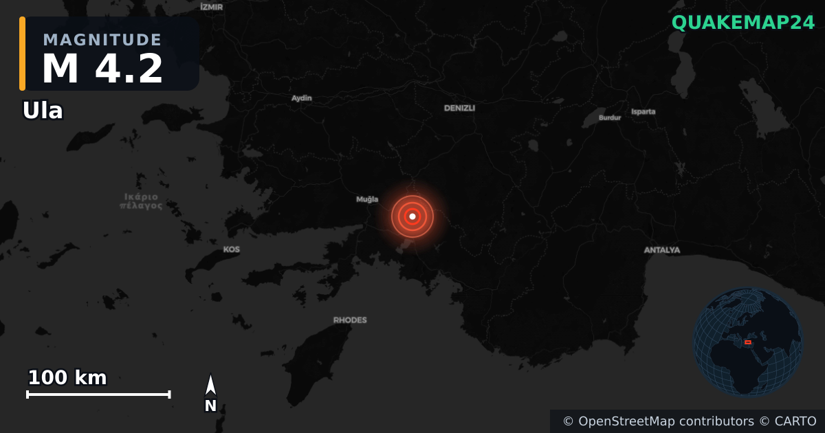 M4.2 earthquake near Ula on Oct 12, 2025 — map of epicenter and shaking intensity | QuakeMap24