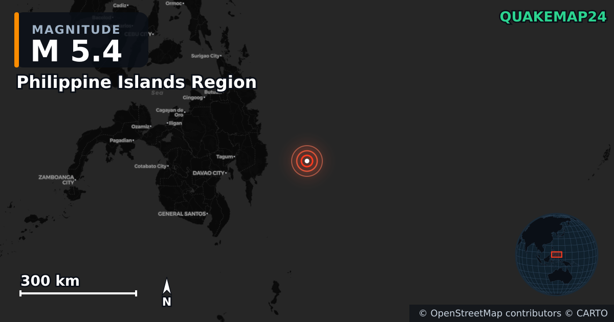 M5.4 earthquake near Philippine Islands Region on Jul 13, 2025 — map of epicenter and shaking intensity | QuakeMap24