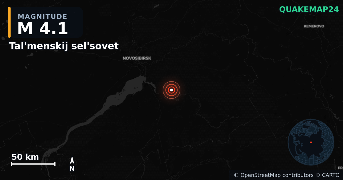 M4.1 earthquake near Tal'menskij sel'sovet on Apr 24, 2026 — map of epicenter and shaking intensity | QuakeMap24