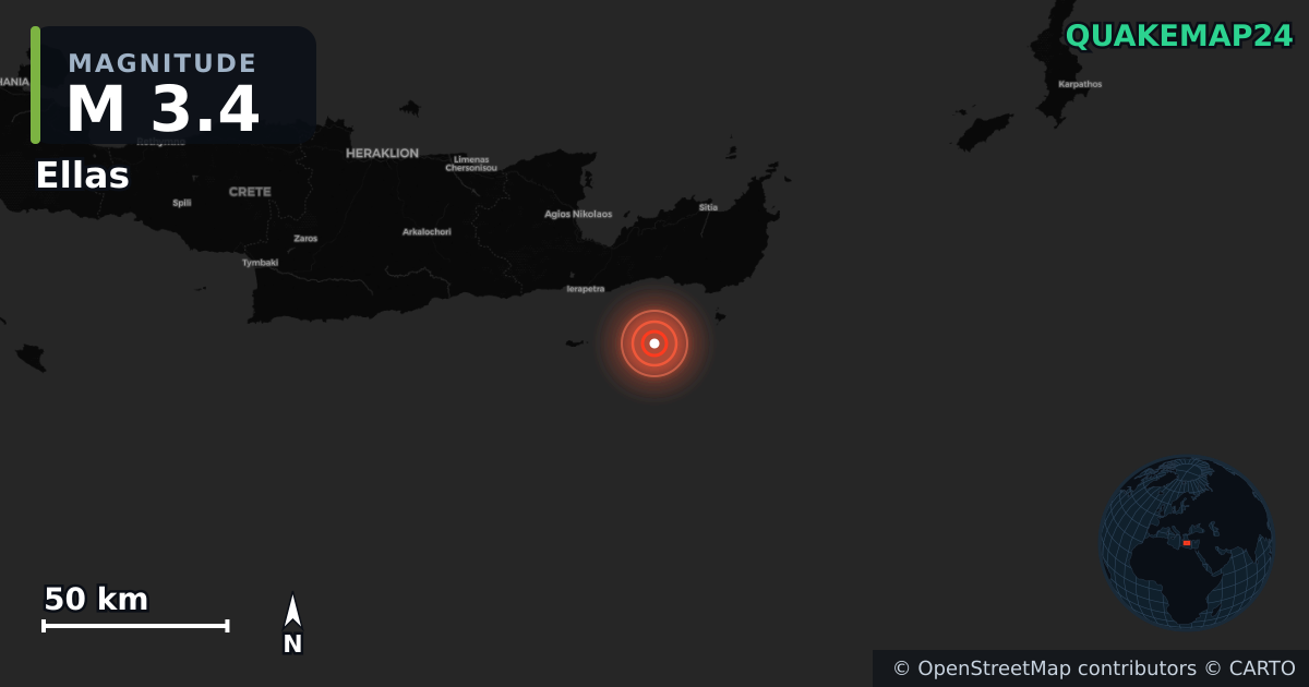 Sismo de M3,4 perto de Ellas (Grécia) · 2026-04-28 — Mapa da localização do epicentro