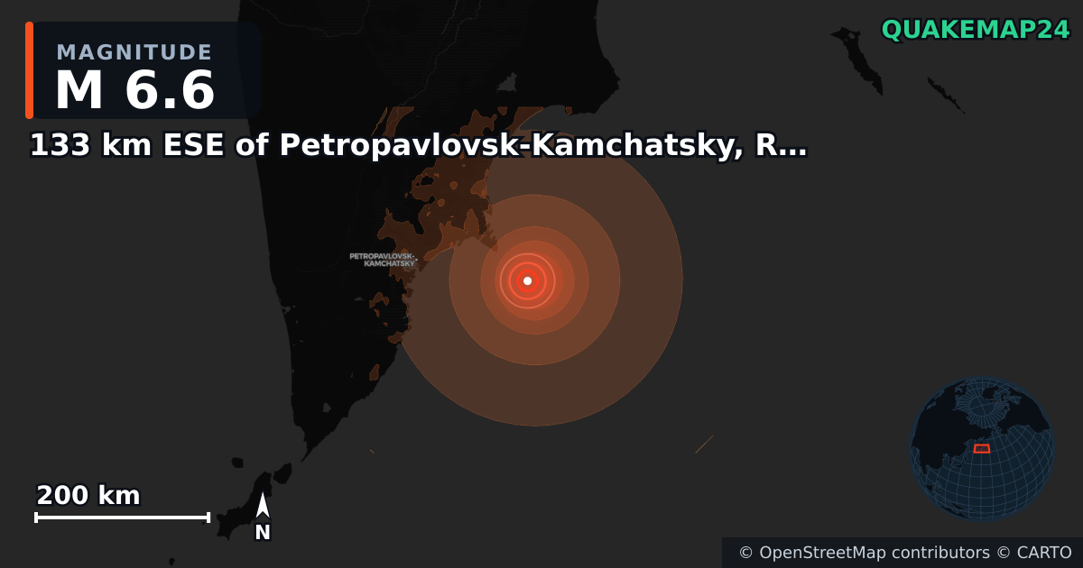 M6.6 earthquake near 133 km ESE of Petropavlovsk-Kamchatsky, Russia on Jun 19, 2026 — map of epicenter and shaking intensity | QuakeMap24