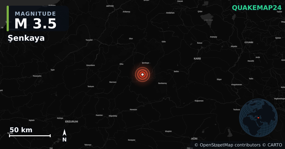 M3.5 earthquake near Şenkaya on Jul 14, 2026 — map of epicenter and shaking intensity | QuakeMap24