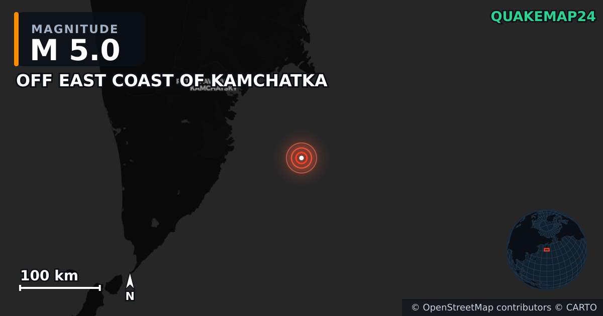 M5.0 earthquake near OFF EAST COAST OF KAMCHATKA on Jul 30, 2025 — map of epicenter and shaking intensity | QuakeMap24