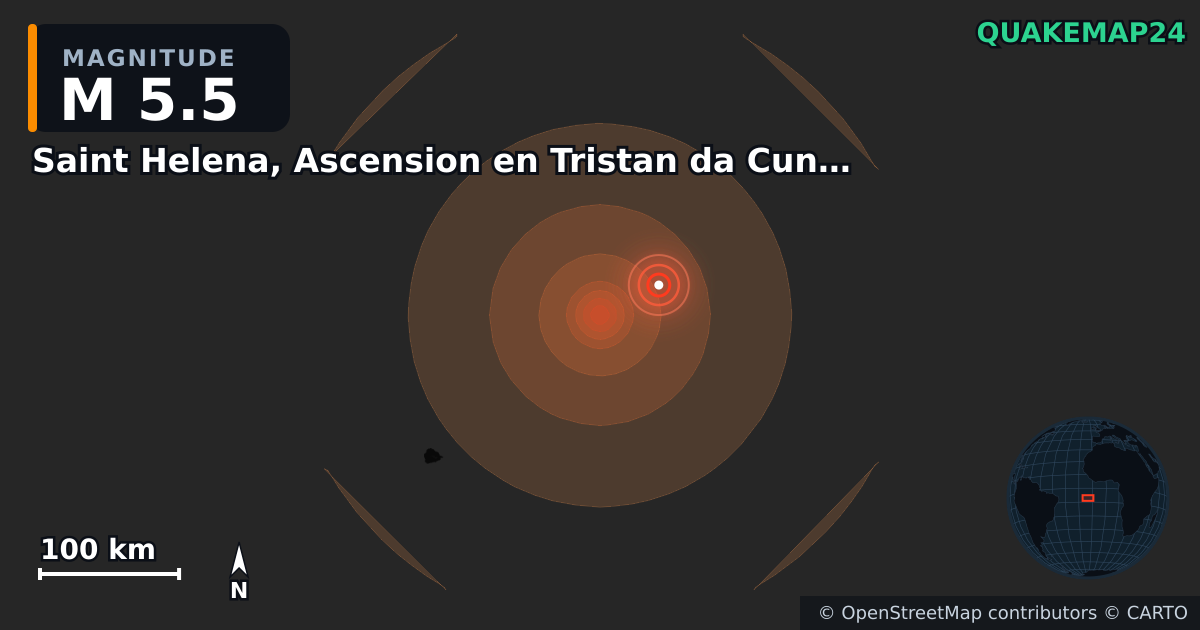 M5.5 earthquake near Saint Helena, Ascension en Tristan da Cunha [Sea] on Jun 20, 2026 — map of epicenter and shaking intensity | QuakeMap24