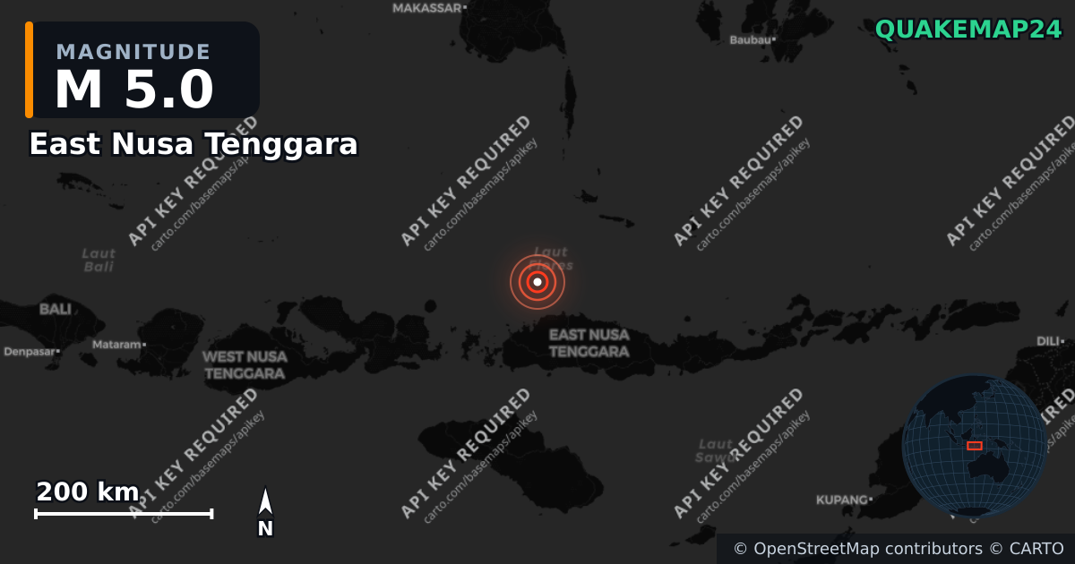 M5.0 earthquake near East Nusa Tenggara on Aug 27, 2026 — map of epicenter and shaking intensity | QuakeMap24