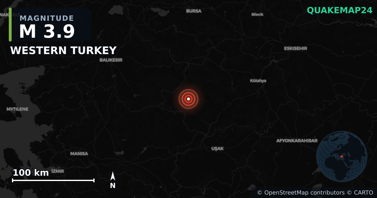 M3.9 earthquake near WESTERN TURKEY on Apr 28, 2025 — map of epicenter and shaking intensity | QuakeMap24
