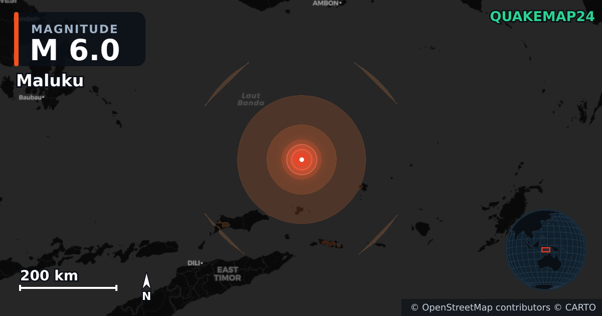M6.0 earthquake near Maluku on Aug 24, 2026 — map of epicenter and shaking intensity | QuakeMap24
