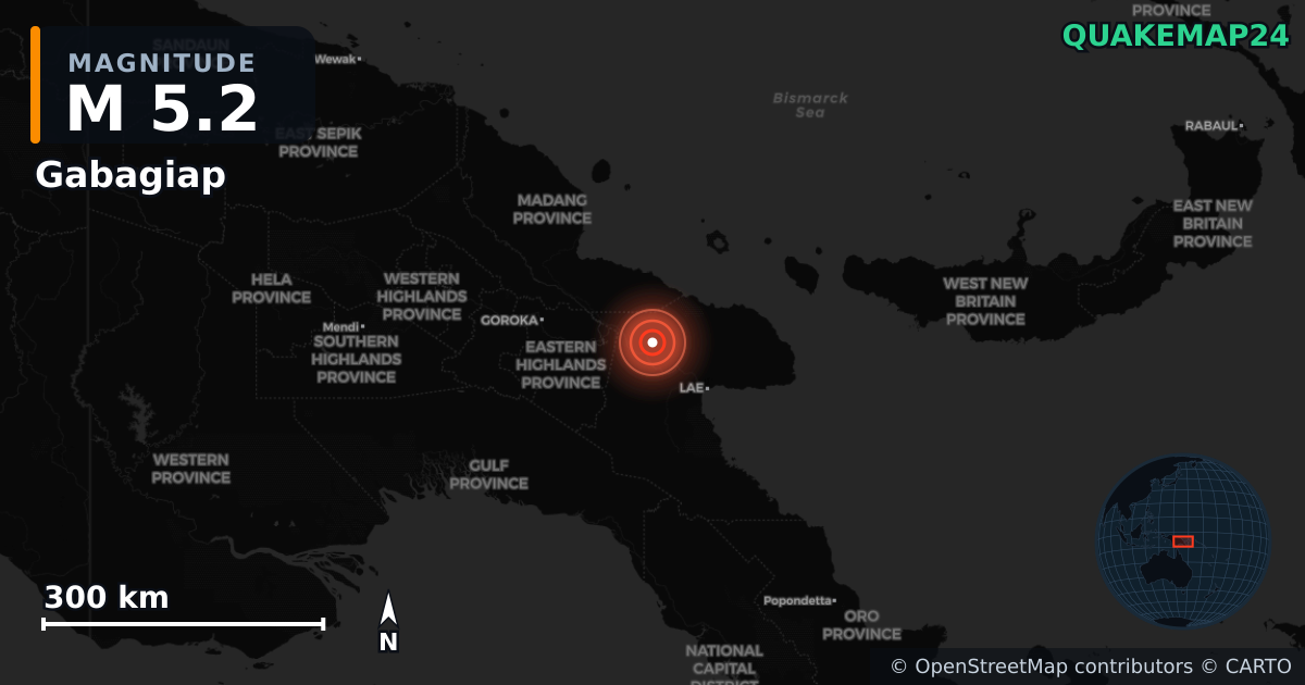 Erdbeben M5,2 bei Gabagiap, Morobe (Papua-Neuguinea) · 2026-09-14 — Karte der Lage des Epizentrums