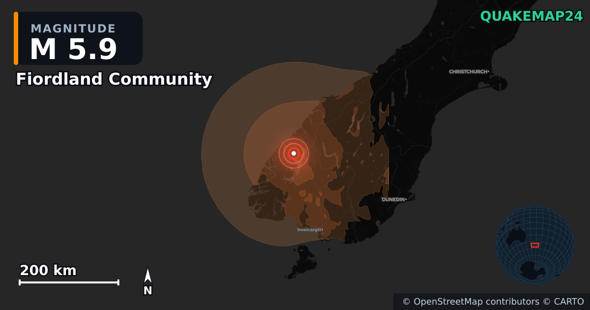 M5.9 earthquake near Fiordland Community on Jul 16, 2026 — map of epicenter and shaking intensity | QuakeMap24