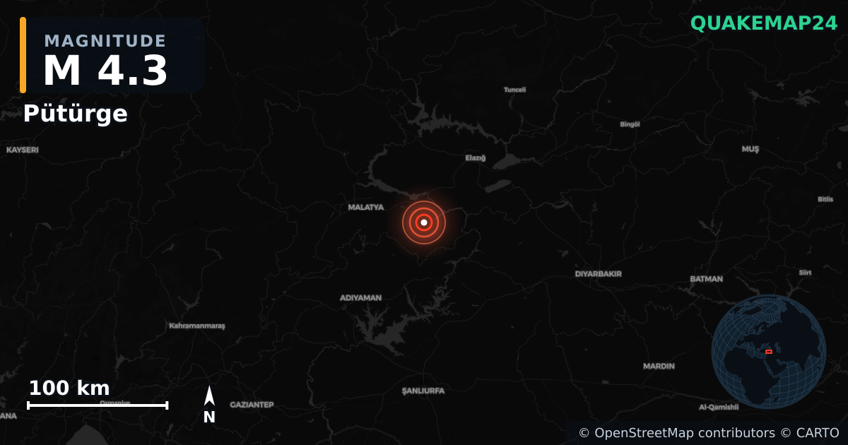 M4.3 earthquake near Pütürge on Feb 21, 2026 — map of epicenter and shaking intensity | QuakeMap24