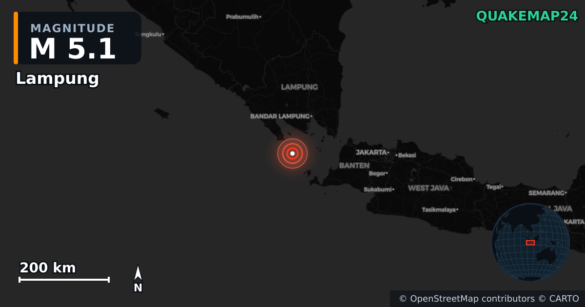 M5.1 earthquake near Lampung on Jul 8, 2025 — map of epicenter and shaking intensity | QuakeMap24