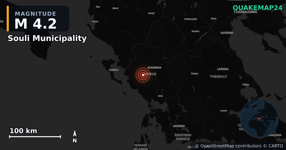 Sismo de M4,2 perto de Souli Municipality, Epirus (Grécia) · 2026-04-04 — Mapa da localização do epicentro