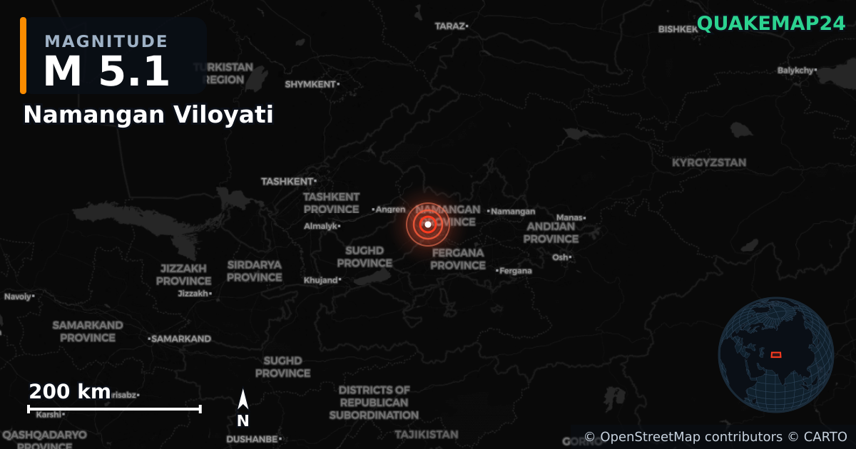 M5.1 earthquake near Namangan Viloyati on Dec 5, 2025 — map of epicenter and shaking intensity | QuakeMap24