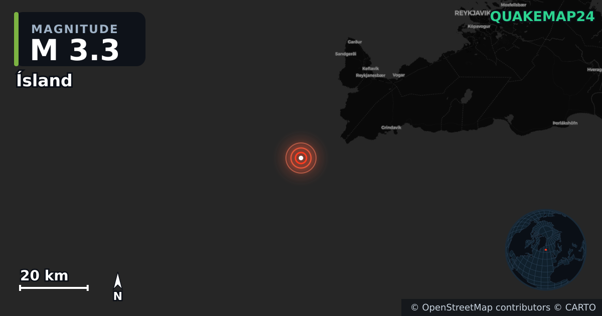 M3.3 earthquake near Ísland on Feb 8, 2026 — map of epicenter and shaking intensity | QuakeMap24