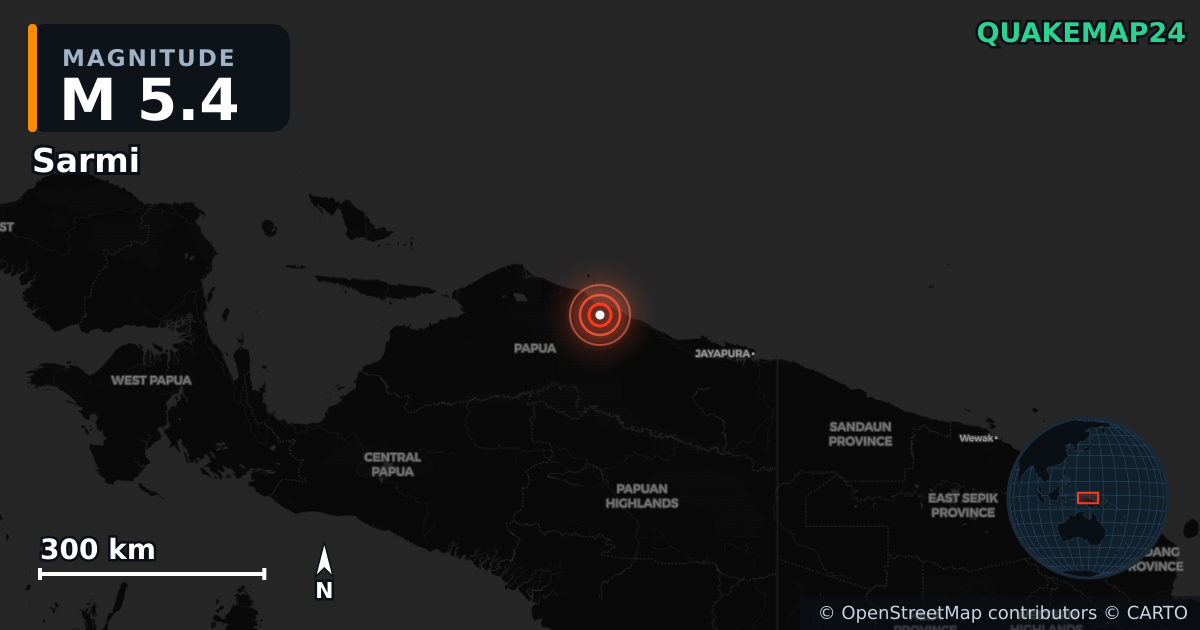 M5.4 earthquake near Sarmi on Jun 1, 2026 — map of epicenter and shaking intensity | QuakeMap24