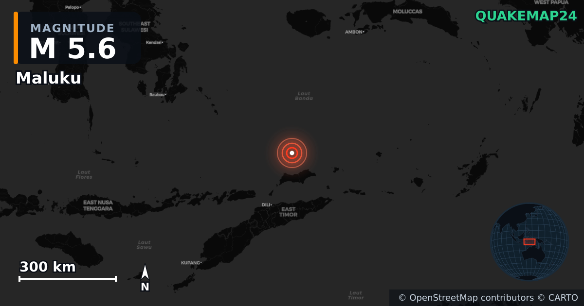 M5.6 earthquake near Maluku on May 15, 2025 — map of epicenter and shaking intensity | QuakeMap24