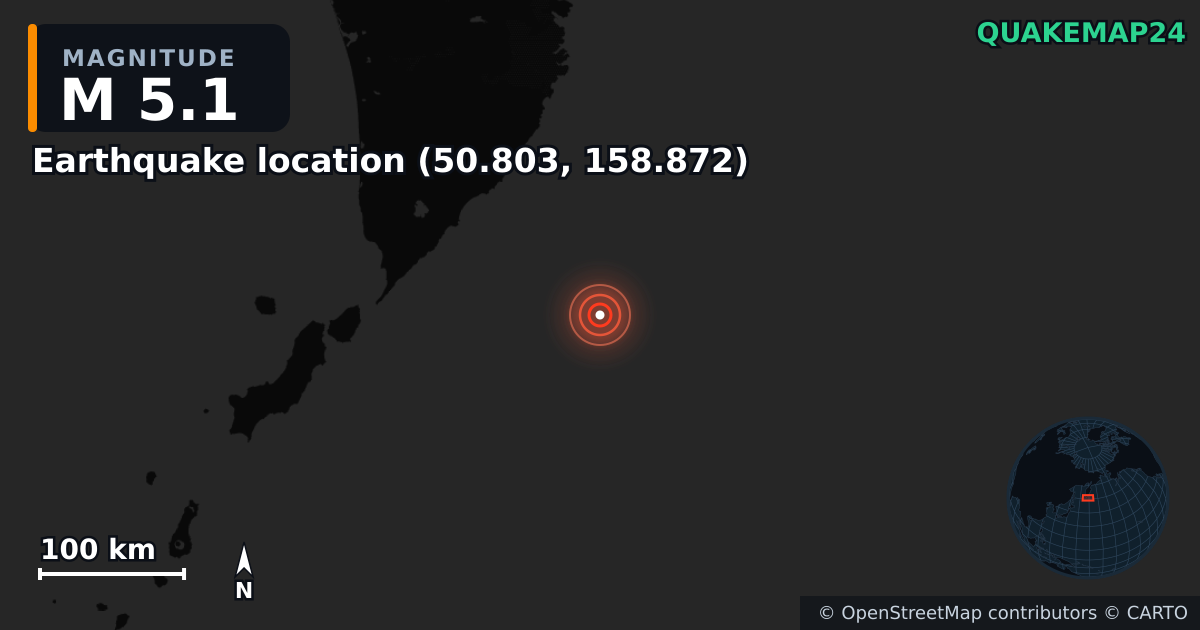 M5.1 earthquake near Local do sismo (50.803, 158.872) on Oct 19, 2025 — map of epicenter and shaking intensity | QuakeMap24