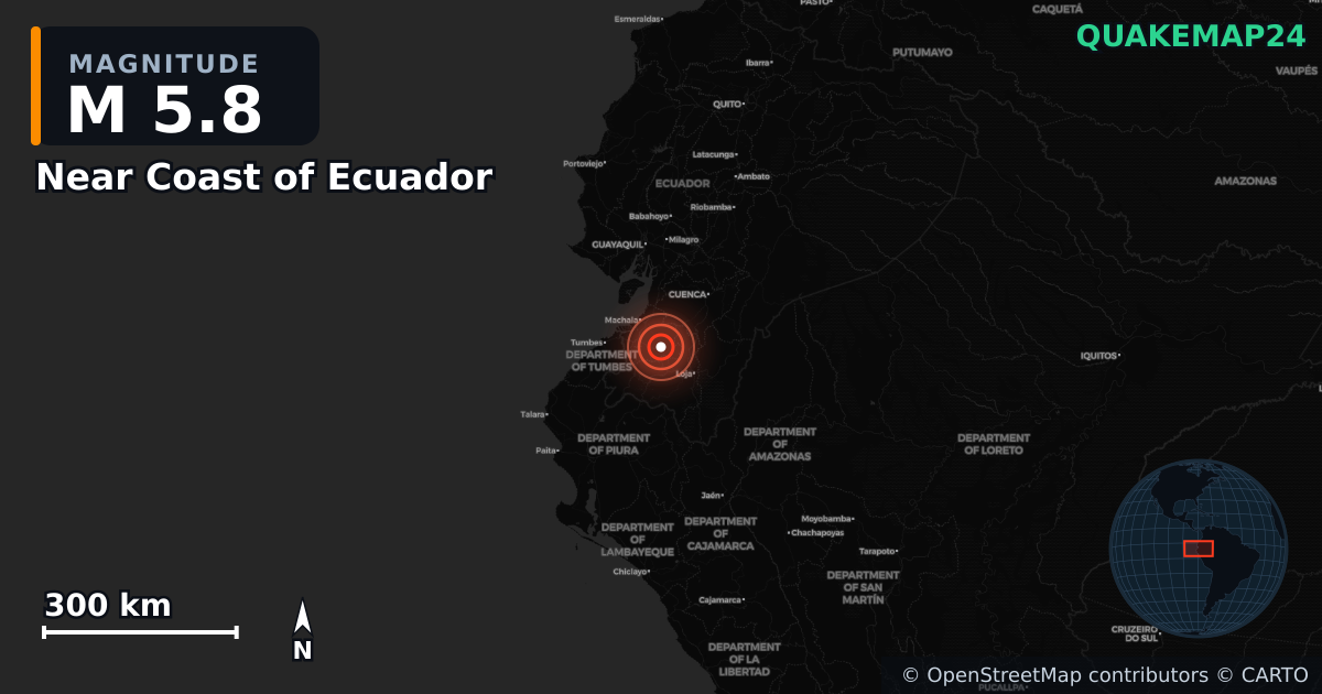 M5.8 earthquake near Near Coast of Ecuador on Oct 22, 2025 — map of epicenter and shaking intensity | QuakeMap24