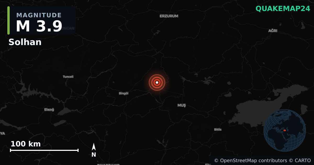 M3.9 earthquake near Solhan on Aug 22, 2025 — map of epicenter and shaking intensity | QuakeMap24