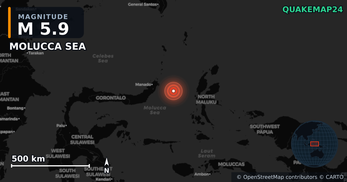 M5.9 earthquake near MOLUCCA SEA on Apr 4, 2026 — map of epicenter and shaking intensity | QuakeMap24