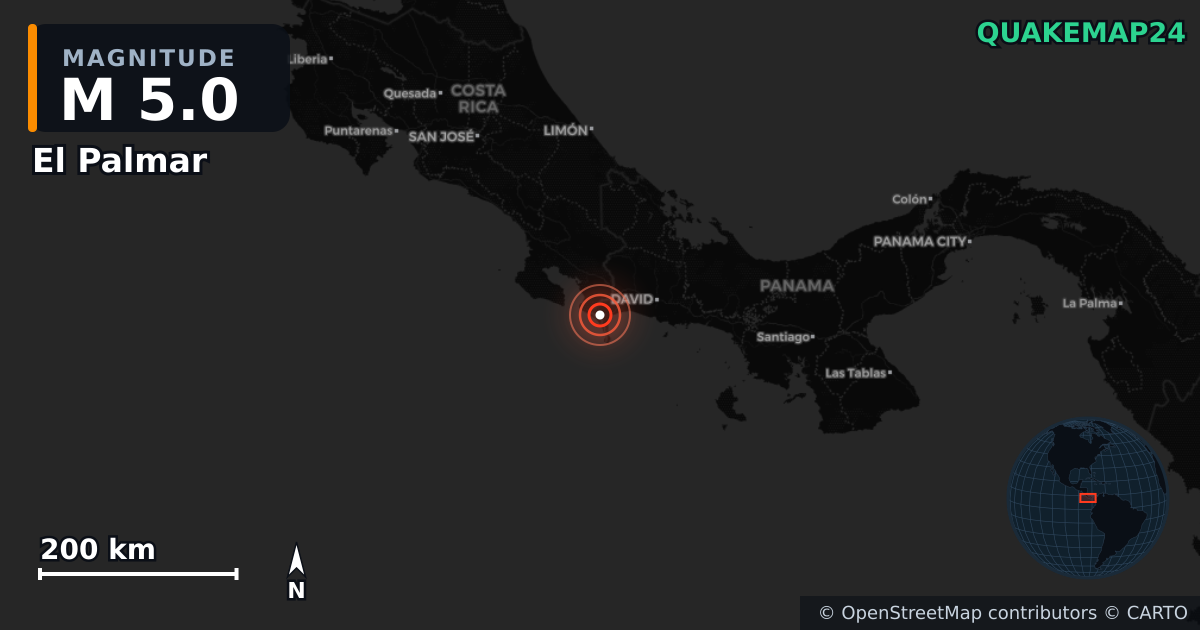 M5.0 earthquake near El Palmar on Feb 24, 2026 — map of epicenter and shaking intensity | QuakeMap24