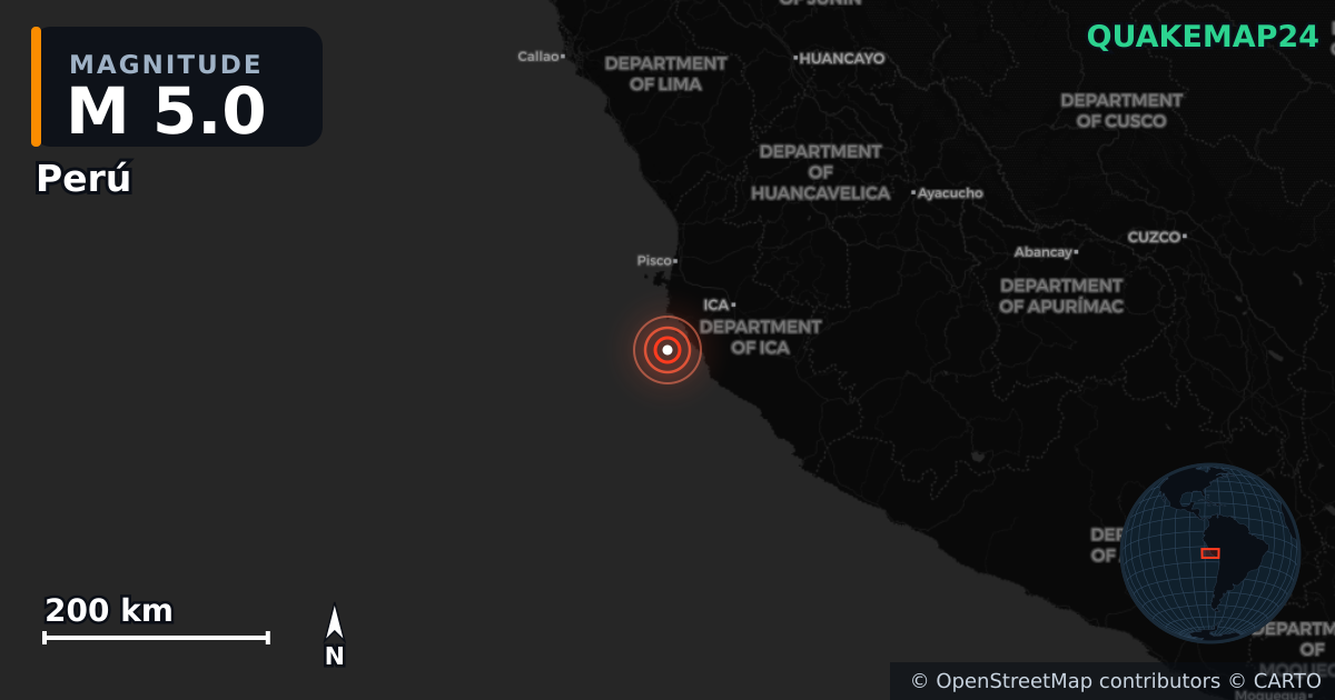 M5.0 earthquake near Perú on Apr 25, 2026 — map of epicenter and shaking intensity | QuakeMap24