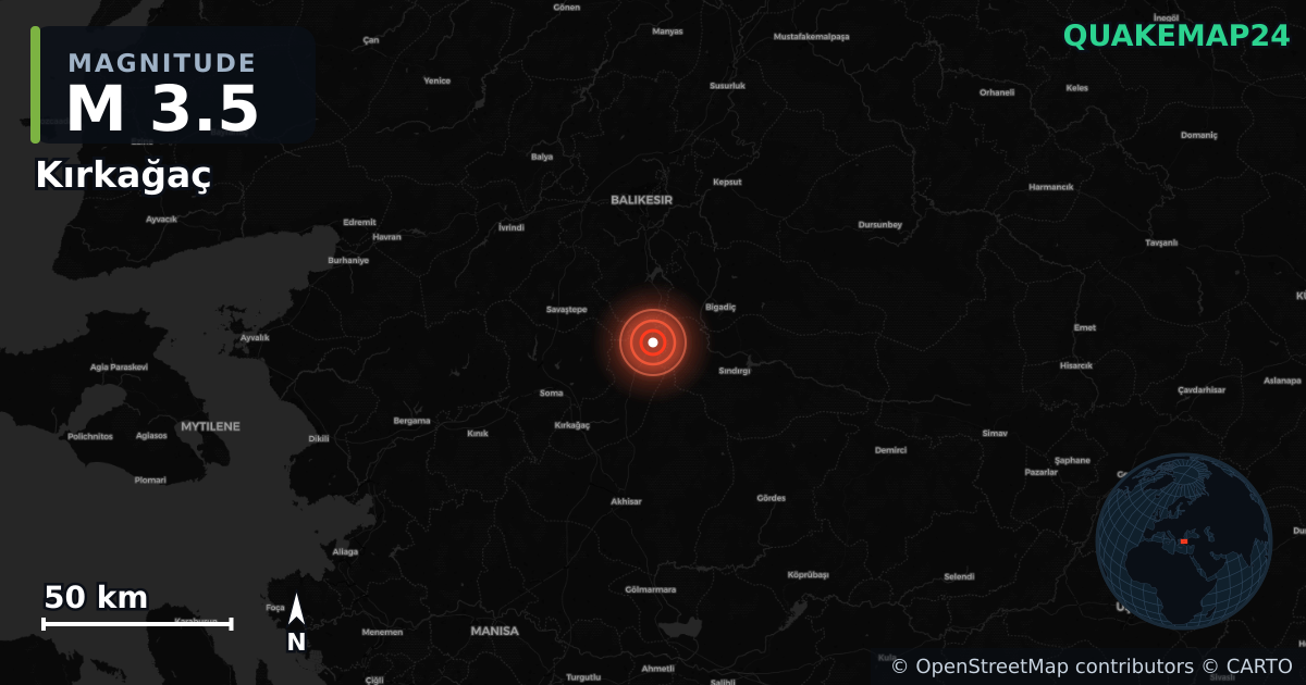 M3.5 earthquake near Kırkağaç on Sep 6, 2025 — map of epicenter and shaking intensity | QuakeMap24