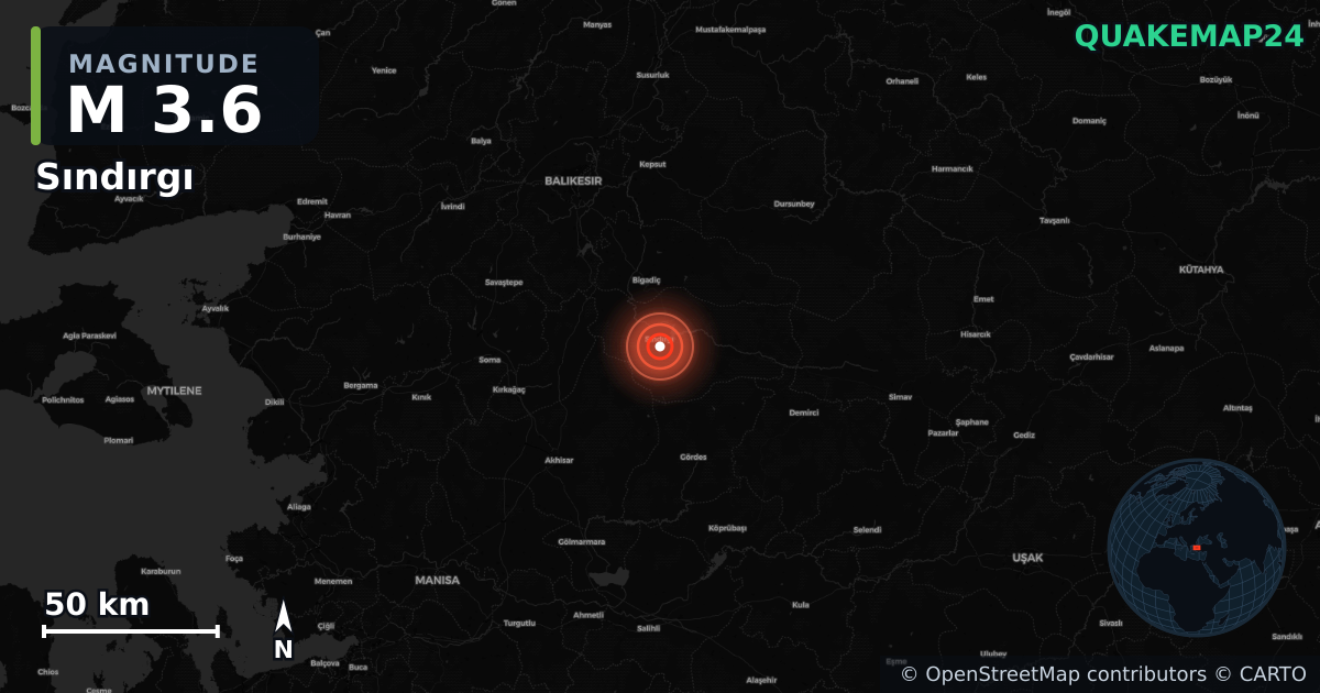 M3.6 earthquake near Sındırgı on Aug 25, 2025 — map of epicenter and shaking intensity | QuakeMap24