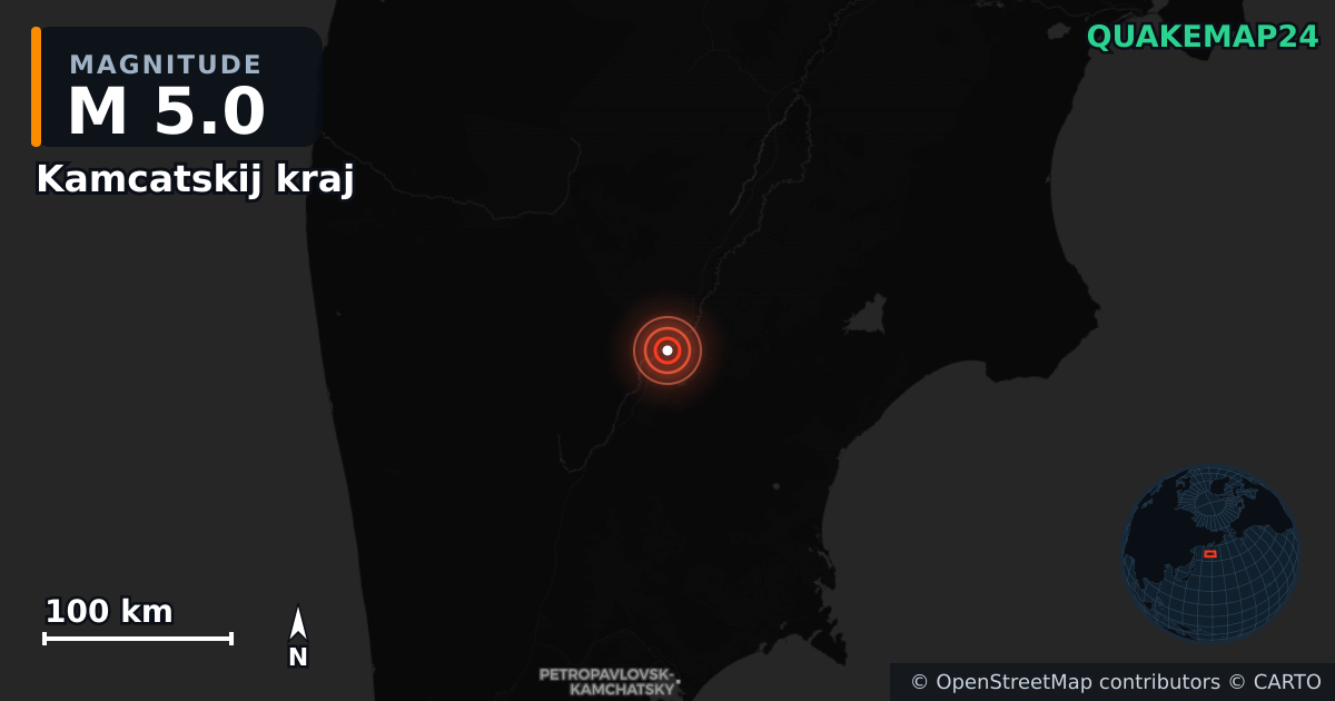 M5.0 earthquake near Kamcatskij kraj on Aug 7, 2025 — map of epicenter and shaking intensity | QuakeMap24