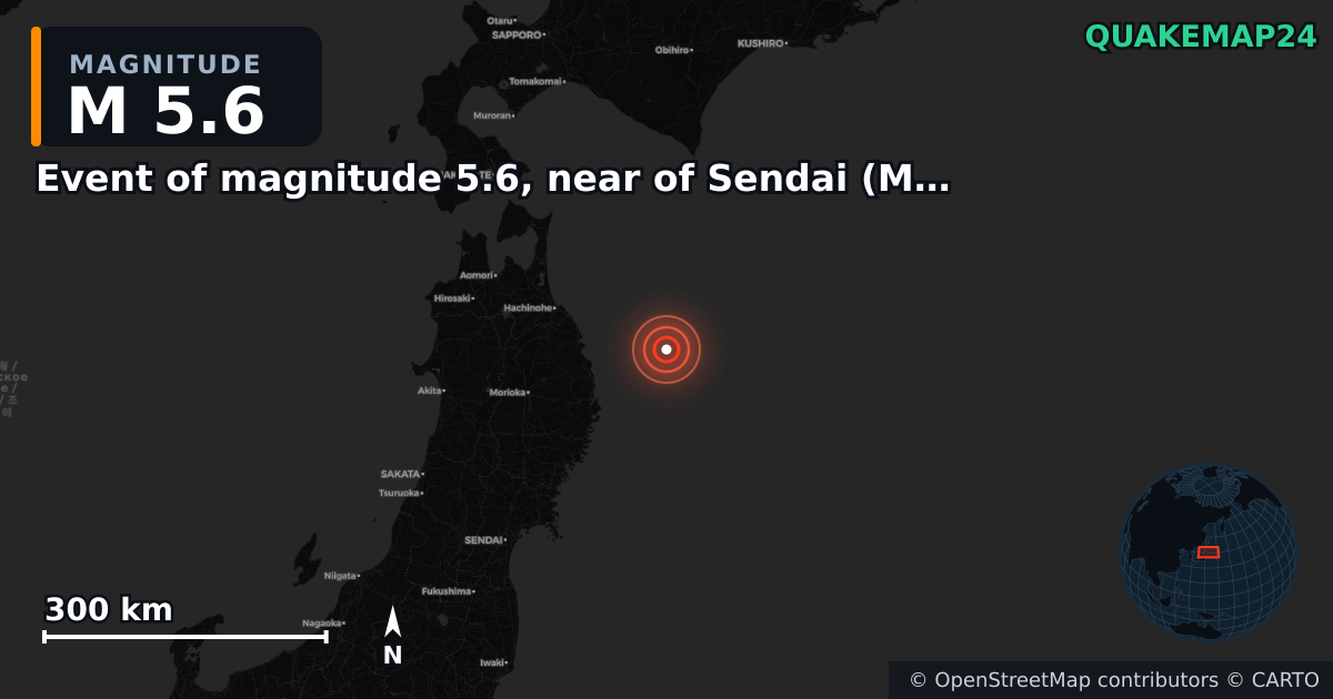 M5.6 earthquake near Event of magnitude 5.6, near of Sendai (Monde) on Dec 31, 2025 — map of epicenter and shaking intensity | QuakeMap24