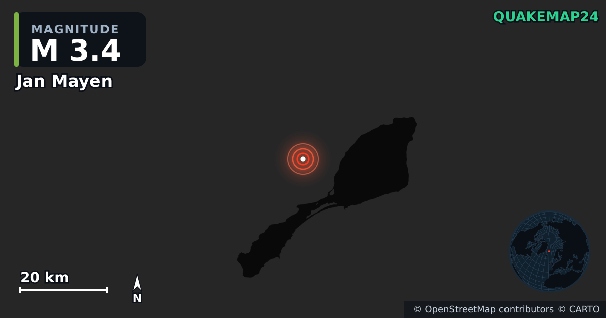 M3.4 earthquake near Jan Mayen on Oct 5, 2025 — map of epicenter and shaking intensity | QuakeMap24