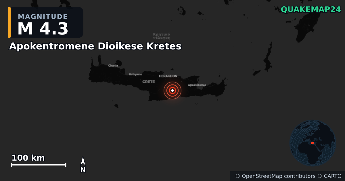 M4.3 earthquake near Apokentromene Dioikese Kretes on May 30, 2025 — map of epicenter and shaking intensity | QuakeMap24