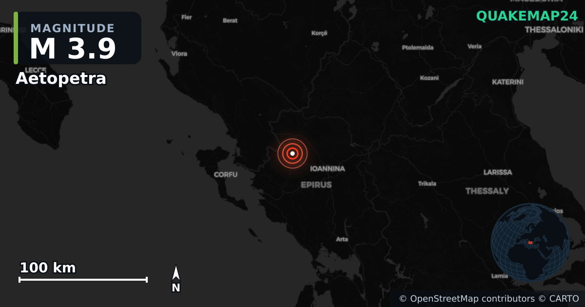 M3.9 earthquake near Aetopetra on Apr 9, 2026 — map of epicenter and shaking intensity | QuakeMap24
