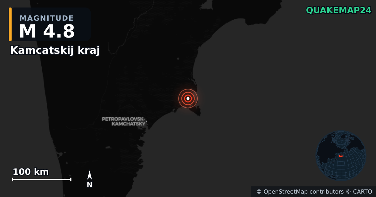 M4.8 earthquake near Kamcatskij kraj on Aug 20, 2025 — map of epicenter and shaking intensity | QuakeMap24