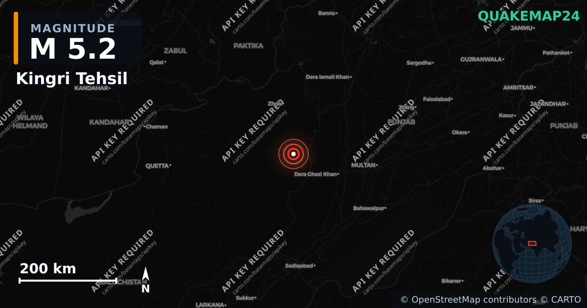M5.2 earthquake near Kingri Tehsil on Jun 26, 2026 — map of epicenter and shaking intensity | QuakeMap24