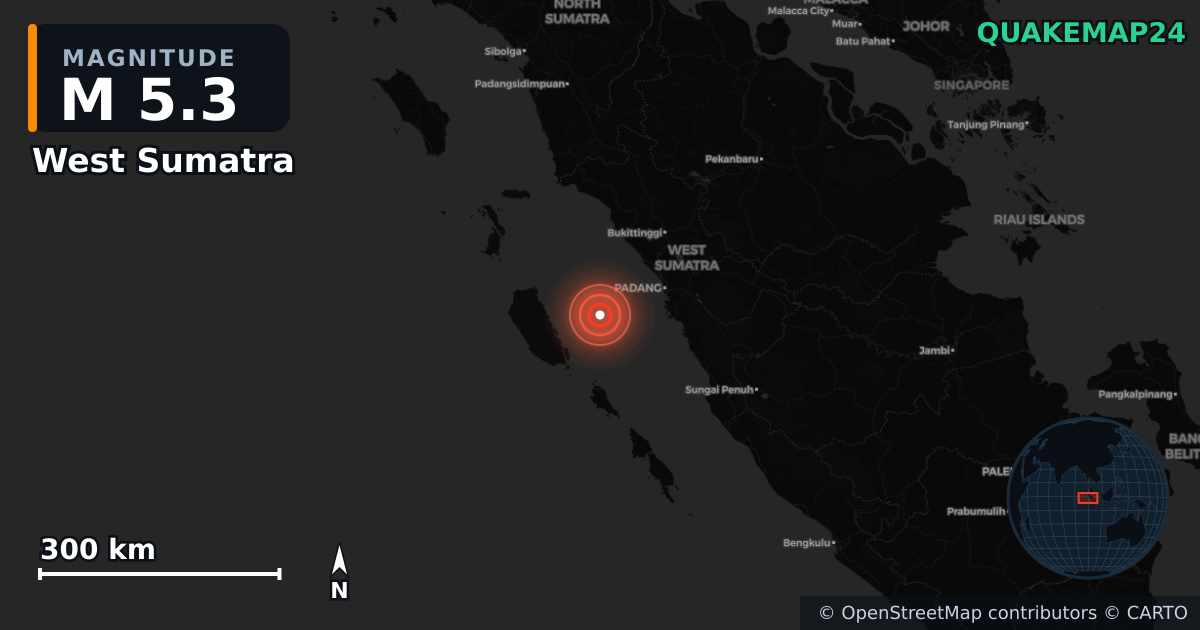 M5.3 earthquake near West Sumatra on Apr 4, 2026 — map of epicenter and shaking intensity | QuakeMap24