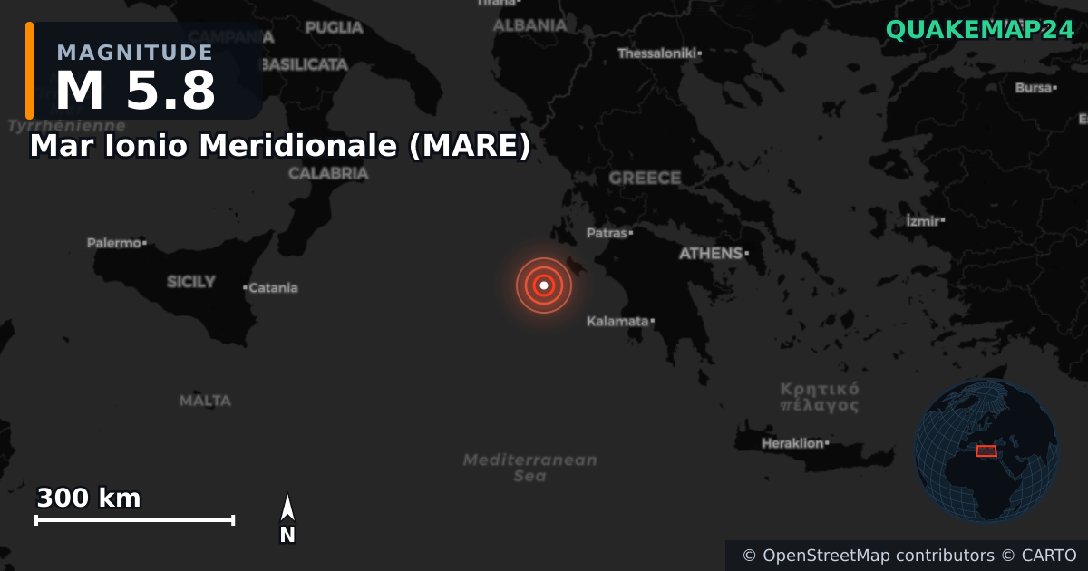 Erdbeben M5,8 bei Mar Ionio Meridionale (MARE) · 2025-12-15 — Karte der Lage des Epizentrums