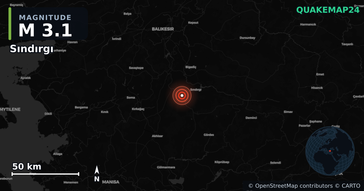M3.1 earthquake near Sındırgı on Aug 20, 2025 — map of epicenter and shaking intensity | QuakeMap24