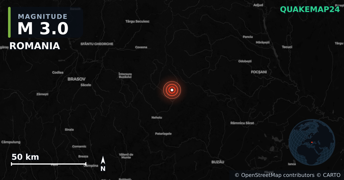 M3.0 earthquake near ROMANIA on Sep 14, 2025 — map of epicenter and shaking intensity | QuakeMap24