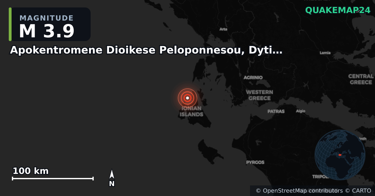 M3.9 earthquake near Apokentromene Dioikese Peloponnesou, Dytikes Elladas kai Ioniou on Sep 17, 2025 — map of epicenter and shaking intensity | QuakeMap24