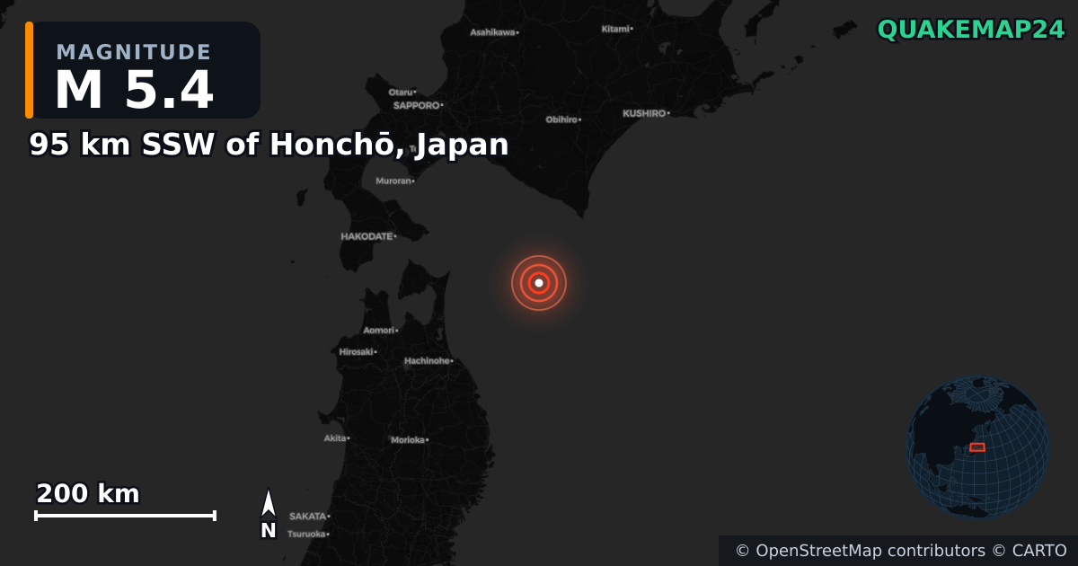M5.4 earthquake near 95 km SSW of Honchō, Japan on Jan 16, 2026 — map of epicenter and shaking intensity | QuakeMap24